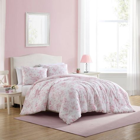 Laura Ashley 2pc Twin Extra Long Delphine Comforter Bedding Set Pink White Comforter With Pink Border, Pink Bedding Teen, Pink And White Comforters, White And Pink Duvet, Loveshackfancy Room, Pink Comforter Sets, Dorm Comforters, Laura Ashley Bedding, Pink Dorm