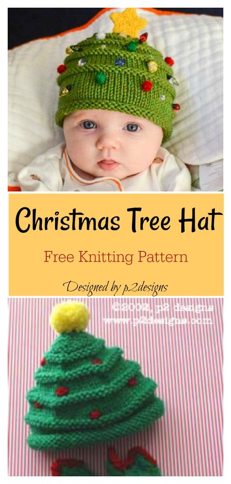 Christmas Tree Baby Hat Free Knitting Pattern #freeknittingpattern #babyhats #christmasgifts Baby Christmas Hat, Baby Hat Knitting Patterns Free, Tree Hat, Christmas Knitting Patterns Free, Crochet Christmas Hats, Christmas Tree Hat, Hat Patterns Free, Knitting Patterns Free Hats, Crochet Knit Hat