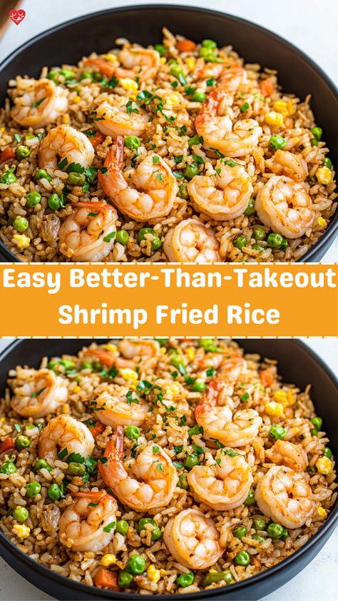 This Easy Better-Than-Takeout Shrimp Fried Rice is a flavorful, hearty meal that comes together quickly, making it perfect for busy weeknights. Using simple ingredients like frozen veggies, shrimp, and pre-cooked rice, this recipe delivers a savory and satisfying dish that rivals your favorite takeout. The combination of sesame oil, garlic, and soy sauce infuses the rice with rich, aromatic flavors, while the shrimp adds a boost of protein and texture. With a cooking time of less than 20 minutes Japanese Shrimp Fried Rice, Shrimp N Rice Easy Recipes, Simple Shrimp Fried Rice Recipe, Shrimp And Fried Rice Recipes, Spicy Shrimp Fried Rice Recipe, Healthy Shrimp Fried Rice Recipe, Shrimp With Rice Recipes Easy, Authentic Shrimp Fried Rice, Blackstone Shrimp Fried Rice