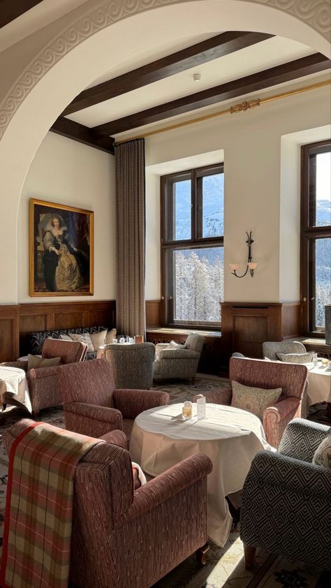 Suvretta House | St. Moritz, Switzerland🇨🇭 Switzerland House Interiors, Saint Moritz Aesthetic, St Moritz Aesthetic, Suvretta House, Intellectual Aesthetic, Switzerland House, Winter Honeymoon, St Moritz Switzerland, Saint Moritz