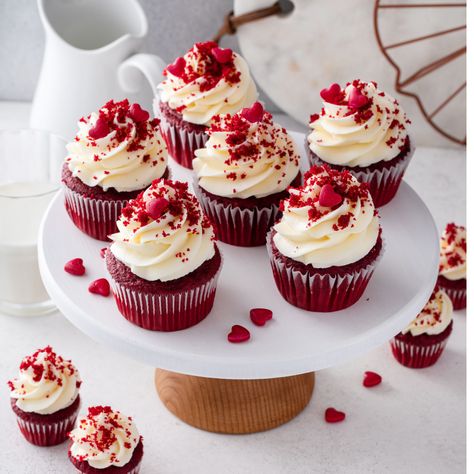 Red Velvet Cupcakes Red Velvet Cupcakes For Christmas, Large Batch Red Velvet Cupcakes, Red Velvet Cupcake Decoration, Red Christmas Cupcakes, Red And White Cupcakes Birthday, Mini Individual Cakes, Red Velvet Birthday Cupcakes, Red Velvet Cupcake Decorating Ideas, Red Velvet Cupcakes Aesthetic