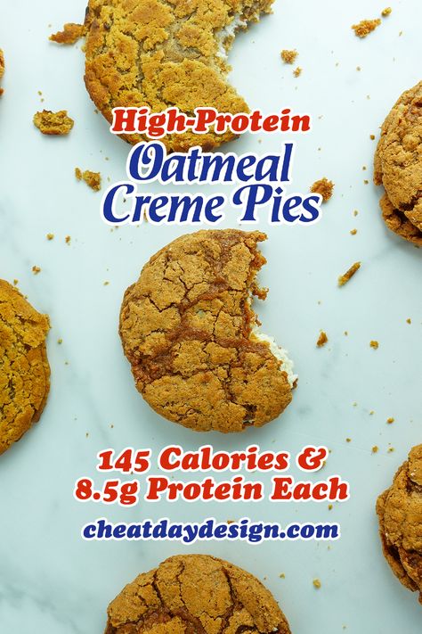 Just like your favorite childhood snack, but dare I say, even better! These oatmeal cream pies are more flavorful than the packaged version and contain fewer calories and much more protein (they're gluten-free, too!) Keto Oatmeal Cream Pies, Low Calorie Oatmeal Cream Pie, Protein Cookies Low Calorie, Protein Oatmeal Cream Pies, Healthier Oatmeal Cream Pies, Healthy Oatmeal Cream Pies, Pescience Protein Recipes, Protein Oatmeal Cookies, Macro Friendly Desserts