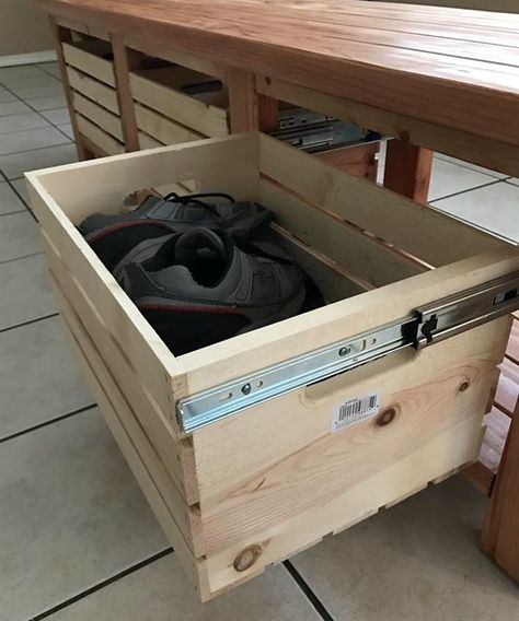 "I made my bench longer to fit under my window better. I also went with crates on drawer slides to create a cleaner all-around look." Crate Drawers, Drawer Bench, Diy Bench With Shoe Storage, Shoe Storage Crate, Diy Sliding Basket Drawer, Diy Dog Bowl Stand With Storage, Dyi Shoe Bench, Diy Hinge Top Storage Bench, Dyi Storage Bench