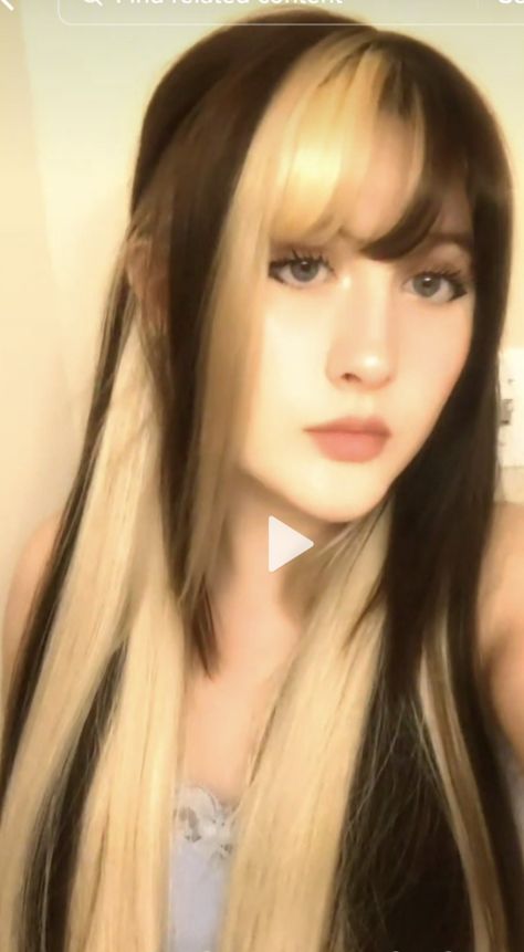 #skunkhair #brownandblonde #splitdye Split Dye With Opposite Bangs, Split Bangs Color, Bangs Split Dye, Bangs Split In Middle, Split Dye With Bangs, Split Bangs, Brown Bangs, Dyed Bangs, Bangs Long Hair