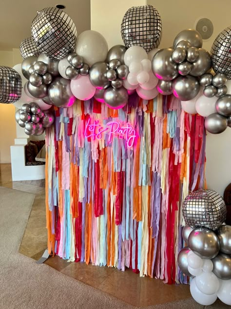 Bach Party Backdrop, 70s Disco Party Backdrop, Last Disco Hens Theme, Wig Party Theme Birthday Decorations, Kesha Themed Party, Disco Party Balloon Garland, Fringe Party Decor, Retro Sweet 16, Last Disco Grad Party