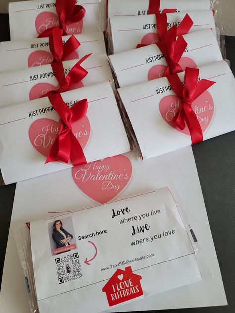 25 Red Valentine Real Estate wrappers for pop by marketing - custom template print out with ribbons and "I love referrals" stickers- Custom your info, qr code and weblink and you are set! #valentinerealestatemarketing #valentinerealestatepopbys #valentinepopbys #handmadepopbysbytania Real Estate Valentines Day Pop By, Client Valentine Gift Ideas, Valentines Pop Bys, Valentine Pop By Ideas Real Estate, Valentines Marketing Ideas, Real Estate Pop By Ideas, I Love Referrals, Valentine Package, Client Gifts Business