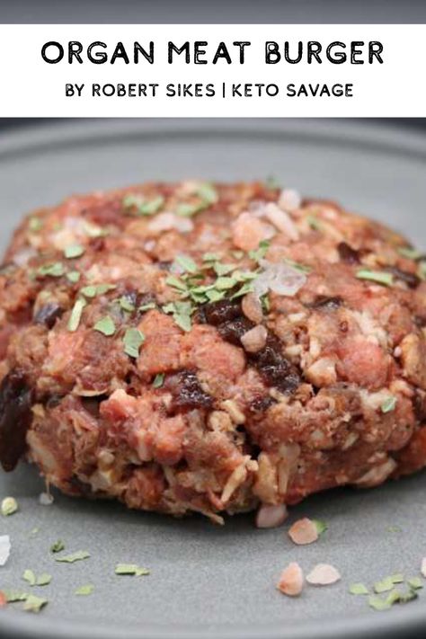 Talk about a micronutrient powerhouse, this beauty takes the prize! This organ meat burger is made with homegrown lamb heart, ground venison, grass-fed ground beef, beef bacon, and beef liver! Recipe by Robert Sikes of Keto Savage.  #organmeats #beef #lamb #venison #keto Liver And Heart Recipe, Liver Burger, Meat Burger Recipe, Organ Meat Recipes, Beef Liver Recipes, Deer Liver, Organ Recipes, Keto Recipes With Bacon, Reset Recipes