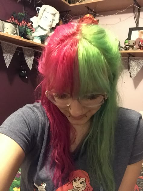 Half pink half green hair dyed with directions Green And Red Hair Color, Green And Pink Split Dye, Split Dyed Hair Pink And Green, Half Green Half Pink Hair, Pink And Green Hair Split, Pink And Green Hair Dye Ideas, Pink And Green Hair Dye, Green And Pink Hair Color, Pink Green Hair