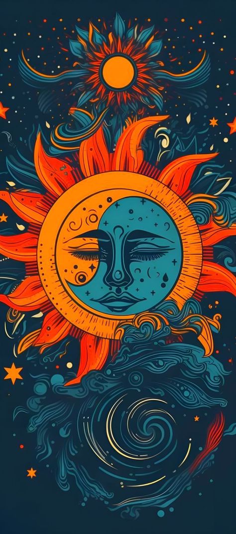 Sun And Moon Illustration Art, Sun And Moon Wallpaper, Sun And Moon Drawings, Psychadelic Art, Arte Van Gogh, Moon Drawing, Beautiful Art Pictures, Pop Art Wallpaper, Celestial Art