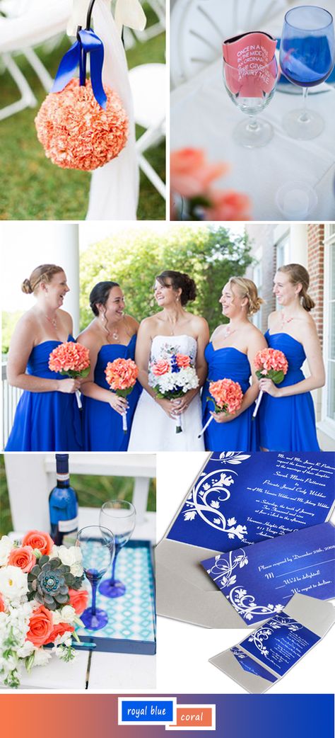 royal blue and coral wedding color ideas for 2017 trends Royal Blue And Peach Wedding Theme, Blue And Coral Wedding Theme, Coral And Royal Blue Wedding, Blue And Coral Wedding, Coral Wedding Decorations, Blue Wedding Dress Royal, Royal Blue Wedding Theme, Coral Wedding Themes, Coral Wedding Colors