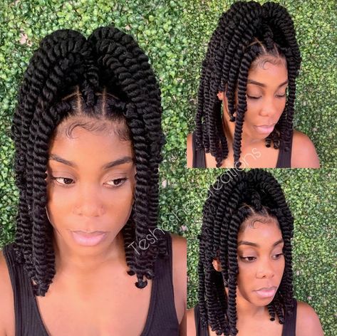 Mid-Length Chunky Twists Side Braid With Curls, Half Cornrows, Short Hair Twist Styles, Twist Cornrows, Short Twists, Chunky Twists, Hairstyle Examples, Afro Twist, Short Box Braids Hairstyles