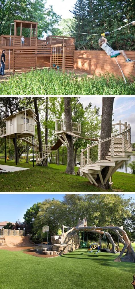 30 Amazing Outdoor Backyard Ideas & Activities That Will Keep Your Kids Entertained 37 Big Tree Backyard, Cool Backyard Ideas For Kids, Fun Backyard Ideas For Kids, Fun Yard Ideas, Family Backyard Layout Play Areas, Cottage Playground, Family Backyard Ideas, Kid Backyard Ideas, Large Backyard Ideas Layout