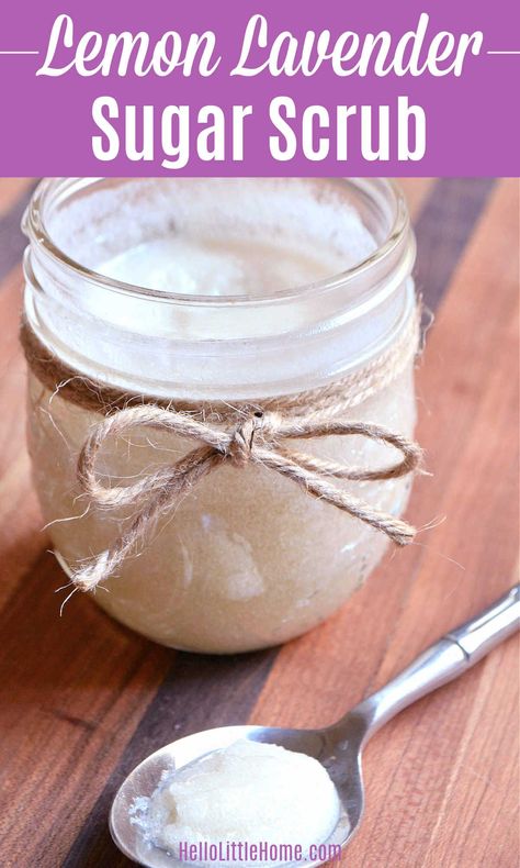 Looking for an amazing DIY Sugar Scrub Recipe? Then you’re going to LOVE this amazing Lemon Lavender Sugar Scrub! Learn how to make Lavender Lemon Sugar Scrub at home with a few simple ingredients you probably already have: Coconut Oil, Sugar, and Essential Oils. This Homemade Body Scrub is quick and easy to make, plus gentle, effective, and moisturizing. Makes a great DIY Gift Idea! | Hello Little Home Lemon Body Scrub Diy, Lemon Body Scrub, Handmade Body Scrub, Sugar Scrub Homemade Recipe, Easy Sugar Scrub, Mint Sugar Scrub, Lemon Scrub, Diy Sugar Scrub Recipe, Lemon Sugar Scrub