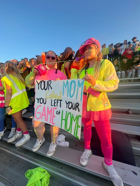 Neon Theme Spirit Week, Neon School Theme Outfit, Neon Themed Football Posters, Neon Outfits For School Spirit Week, Neon School Spirit Day, Neon Outfits Football Game, Neon Football Game Theme Signs, Neon Night Football High Schools, Pink Out Football Game Signs