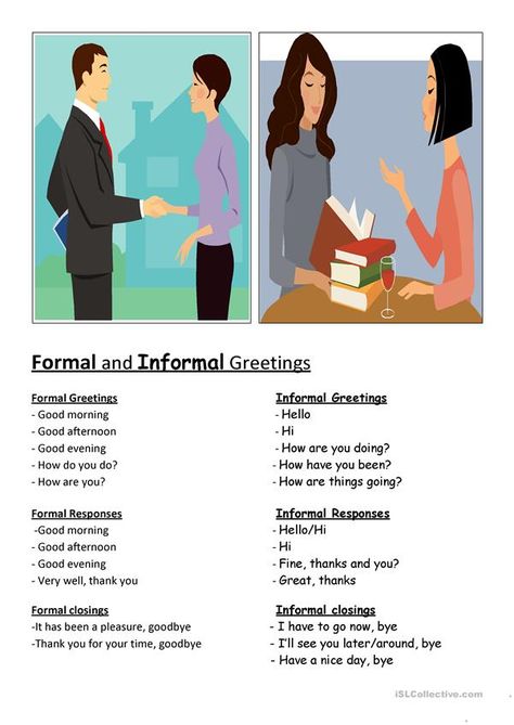 Formal & informal greetings - English ESL Worksheets 6th Grade English, Ways To Say Hello, Conversation Skills, English Activities, Words To Use, Esl Teaching, Reading Comprehension Worksheets, Learn English Vocabulary, Anchor Chart