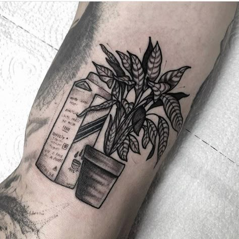 Blackwork style tattoo of a plant in a pot and carton milk box inked on the arm by Bya Brasil Teapot Tattoo, Plant In A Pot, Leon The Professional, Serpent Tattoo, Horoscope Tattoos, Airbrush Tattoo, Movie Tattoos, Healing Tattoo, Sun Tattoos