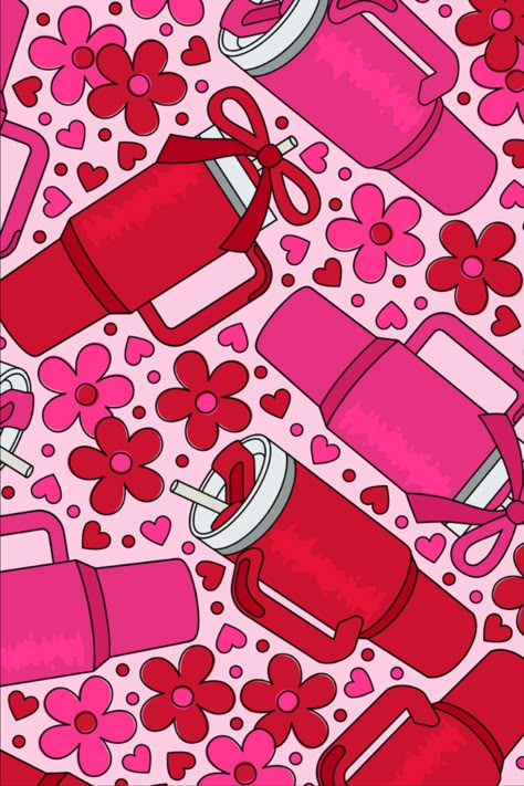 this pattern file features: trendy red and pink tumbler cups surrounded by hearts, flowers and dots, set against a solid light pink background (comes with one bonus file that features more flowers instead of hearts) Seamless Pattern Aesthetic, Fun Wallpaper Seamless, Stanley Wallpaper, Cup Wallpaper, Cute Seamless Pattern, Girly Backgrounds, Pink Seamless Pattern, Summer Seamless Pattern, Pink Football