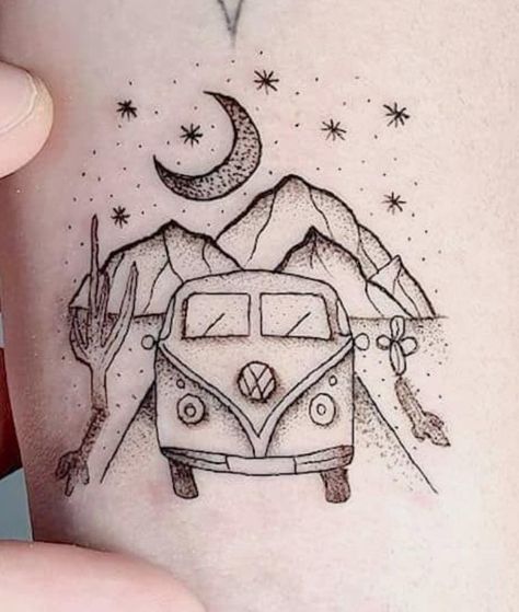 Rear View Mirror Tattoo, Vw Bus Tattoo, Bus Tattoo, Van Tattoo, Vw Tattoo, Mirror Tattoos, Bug Tattoo, Bujo Ideas, Tattoo Sleeve Designs