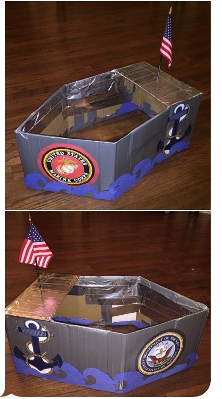 Navy boat from copy paper cardboard box for military appreciation lesson in children's church. Boat Craft Kids, Navy Boat, Boat Crafts, Olympics Opening Ceremony, Box Hat, Military Appreciation, Baby Rooms, Copy Paper, Tug Boats