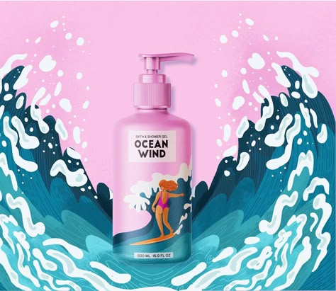 Ocean Surfing Shower Gel Cosmetics Packing design на Behance Ocean Packaging Design, Shower Gel Packaging Design, Body Care Packaging, Makeup Artist Marketing, Shower Gel Packaging, Spray Vector, Hair Care Packaging, Health Background, Illustration Hair