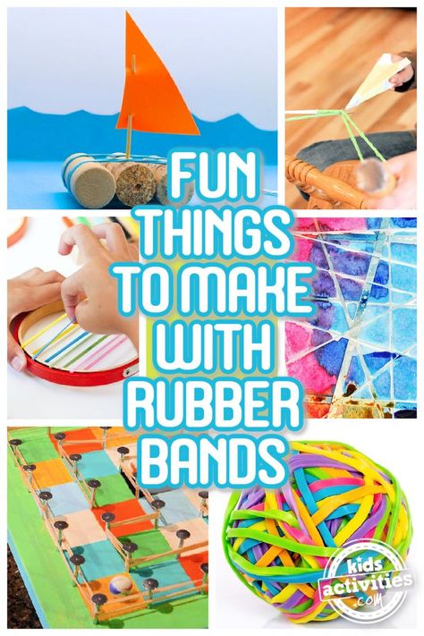 text: fun things to make with rubber bands - collage of pictures of rubber band projects like rubber band boat, rubber band airplane launcher, musical instruments, rubber band art, DIY geoboard. Stuff To Make With Rubber Bands, Rubber Band Ideas, Rubber Band Toy, Homemade Kids Toys, Airplane Launcher, Rubber Band Car, Rubber Band Crafts, Band Ideas, Group Crafts