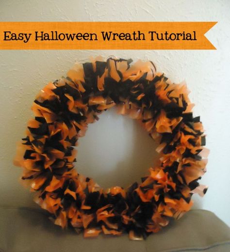 DIY Halloween wreath- Easy and inexpensive to make! Def doing this for every season!!! Easy craft for the family too Halloween Wearth, Tablecloth Wreath, Inexpensive Halloween Decorations, Bunco Ideas, Halloween Decorations To Make, Halloween Mesh Wreaths, Spooky Wreath, Diy Halloween Wreath, Christmas Wreaths Diy Easy