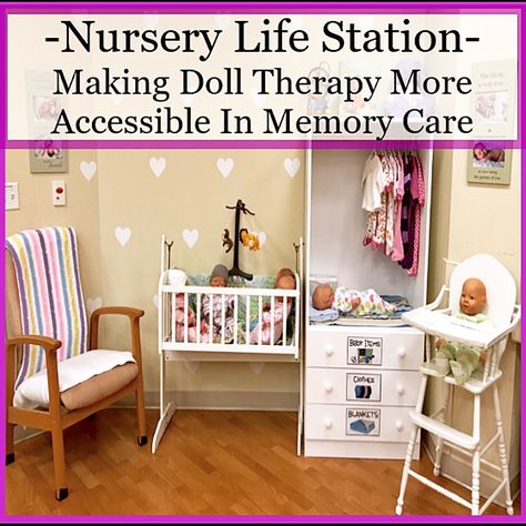 Making doll therapy more accessible in memory care. Life Skill Stations For Memory Care, Memory Care Life Stations, Life Stations For Memory Care, Memory Care Unit Decor, Memory Care Unit, Memory Care Activities, Activities Director, Senior Living Activities, Nursing Home Activities