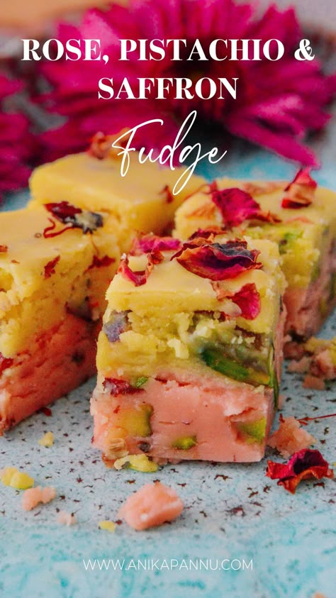 Rose, Pistachio & Saffron Fudge Easy Barfi Recipe, Fusion Diwali Sweets, Easy Diwali Desserts, Indian Fusion Sweets, Diwali Dessert Ideas, Easy Diwali Sweets Recipe, Diwali Sweets Photography, Easy Sweets Recipes Indian, Chocolate Mithai