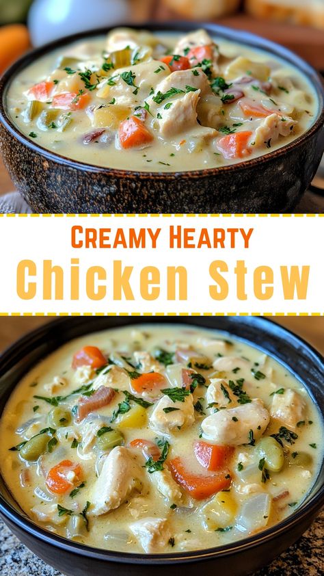 Easy Chicken Recipes: Creamy Hearty Chicken Stew Cream Of Chicken Stew, Creamy Chicken And Vegetable Soup, Creamy Chicken Stew Recipe, Chicken Heavy Cream Recipes, Chicken Thigh Stew, Crockpot Chicken Stew, Heavy Cream Recipes, Creamy Chicken Stew, Easy Cornbread Recipe