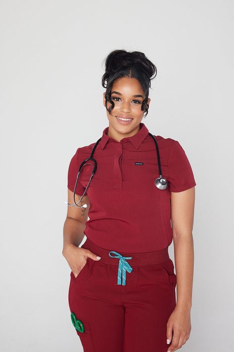 Stylish Scrubs For Women, Scrub Styles Medical, Red Scrubs Aesthetic, Scrubs Uniform Cute, Maroon Scrubs, Disney Scrub Tops, Healthcare Uniforms, Printed Scrub Tops, Stylish Scrubs