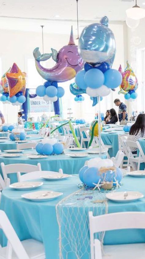 Ocean Birthday Table Decorations, Under The Sea Birthday Party Table Decor, Sea Themed Birthday Party Decorations, Under Sea Birthday Party Decorations, Under The Water Birthday Theme, Under The Sea Birthday Party Decorations Centerpieces, Under Sea Theme Party, Birthday Theme Under The Sea, Under The Sea Birthday Party Centerpiece