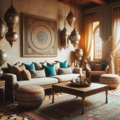 Moroccan Lounge Ideas, Moroccan Paint Colors, India Decoration Indian Style, Moroccan Office Decor, Maroko Style Interiors, Moroccan Interiors Living Room, Moroccan Theme Decor, Moroccan Inspired Living Room, Modern Moroccan Interior Design