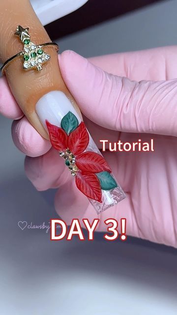 CLAWSBYTASMIA | Fav Montreal Nail Tech and Educator💫 on Instagram: "DAY 3 - POINSETTIA NAILS! 🎄🌹 I’ve always loved these flowers at this time of the year so I’ve included this in my nail series since last year I was asked a bunch how I made this 😍🎄 ALSO am I saying it wrong!😂 I’ve only read in online but I’ve never heard anyone ever say it so I’m unsure if I say it right because it’s spelled differently!!🤣🩷 let me know!!   @kiaraskynails dc: TASMIA10 🎄 danger dip powder 🎄 pretty fly dip powder 🎄 bling it on rhinestone adhesive  - - - - - - - - - - - - Christmas nails, hand painted nail art, Christmas nail Inspo, winter nails, fall nails, acrylic nails, 3d acrylic flowers, poinsettia nails, 3d nail art, sweater nails, nail series," Christmas Poinsettia Nails, Winter Flower Nails, Poinsettia Nails Design, Poinsettia Nail Art, Christmas 3d Nails, Poinsettia Nails, Nail Inspo Winter, 3d Acrylic Flowers, Acrylic Nails 3d