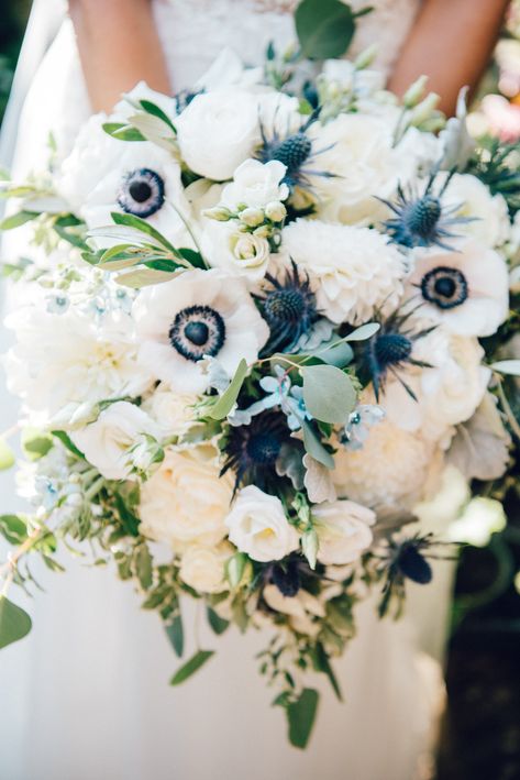 Katy and Dan – hana floral design weddings and events Ivory And Blue Bridal Bouquet, Scottish Bridal Bouquet, Navy Blue Bridal Bouquet, Bridal Bouquet With Blue Thistle, Navy Flower Bouquet, Navy Blue Floral Arrangements, Navy Blue And Green Wedding Decorations, White Green And Blue Bridal Bouquet, Bouquet With Thistle