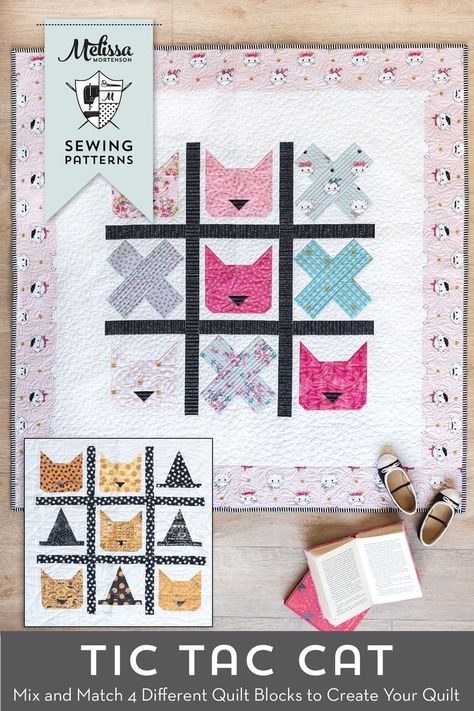 The Tic Tac Cat quilt pattern a fun mix and match quilt pattern featuring 4 different quilt blocks. A cat quilt block, a heart quilt block, an X quilt block and a witch hat quilt block #quiltpatterns Cat Quilt Block, Cat Quilt Patterns, Polka Dot Chair, Mini Quilt Patterns, Beginner Quilt Patterns, Pdf Quilt Pattern, Cat Quilt, Quilt Block Pattern, Heart Quilt