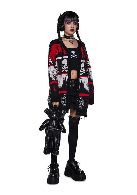 Trickz N' Treatz: Apparel – Dolls Kill London Punk Fashion, Punk Winter Outfits, Punk Cardigan, Punk Fashion Style, Construction Graphics, Fairisle Cardigan, Goth Skirts, Cyberpunk Outfit, Halloween Cardigan