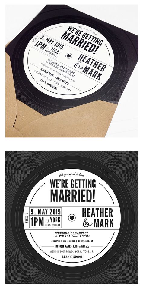 Musical Wedding Invitations, Vinyl Invitation Wedding, Vinyl Themed Wedding, Retro Birthday Invitation Design, Wedding Invitations Rock And Roll, Jazz Wedding Invitations, Elvis Presley Wedding Theme, Record Save The Date, Wedding For Music Lovers