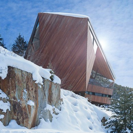 The steep incline of the roof is designed to allow drifting snow to slide off when too much builds up Timber Structure, Concrete Structure, Mountain Homes, Mountain House, Shed Plans, Modern Buildings, Design Milk, Whistler, Building Design