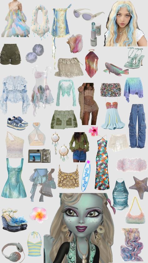 Lagoona Blue Style Guide #monsterhigh #monsterhighlagoona #lagoonablue #stylemoodboard Lagoons Blue, Rock Band Costumes, Outfits For France, Beach Aesthetic Coconut, Monster High Costumes, Band Costumes, Monster High Halloween Costumes, Monster High Redesign, Monster High Lagoona