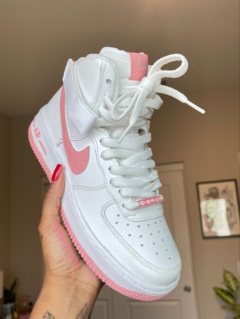 Pink High Top Nike Shoes, Nike Air Force 1pink, Nike Shoes Women Air Force Pink, Custom Air Force 1 High Tops, Baddie Shoes Sneakers, Nike Air Force Pink, Custom Air Force 1 Pink, Air Force Pink, Pink Af1