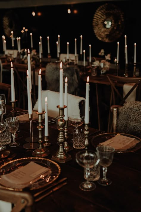 Mauve Candles Wedding, Wedding With A Lot Of Candles, Candle Light Wedding Table, Candles On Fireplace Mantle Wedding, Table Full Of Candles, Gold Candle Stick Wedding Centerpieces, Wedding Gold Candlesticks, Dark Wedding Table Decor, Black Wedding Tablescape