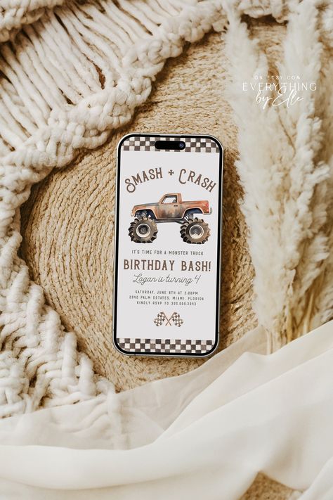 Monster Truck Second Birthday, Monster Truck 4th Birthday Party Ideas, Monster Truck First Birthday, Monster Truck Birthday Invitations, Link Edit, Boys First Birthday Party Ideas, Mobile Editing, Tee Ideas, Monster Truck Party