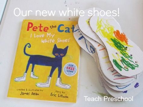 Having fun reading the delightful children's book "Pete the Cat" by Eric Litwin and making our own white shoes too! I Love My White Shoes, Pet Study, Clothes Study, Clothing Study, Pete The Cats, Teach Preschool, Cc Clothes, Clothing Crafts, Preschool Colors