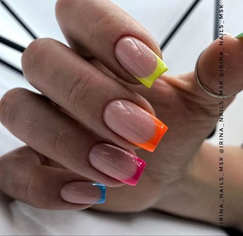 Bright Colored Tips Nails, Neon Nail French Tip, Short Square Neon Nails, Summer French Nails 2024, French Tip Nail Designs, Sassy Nails, Summery Nails, French Tip Acrylic Nails, French Nail Designs