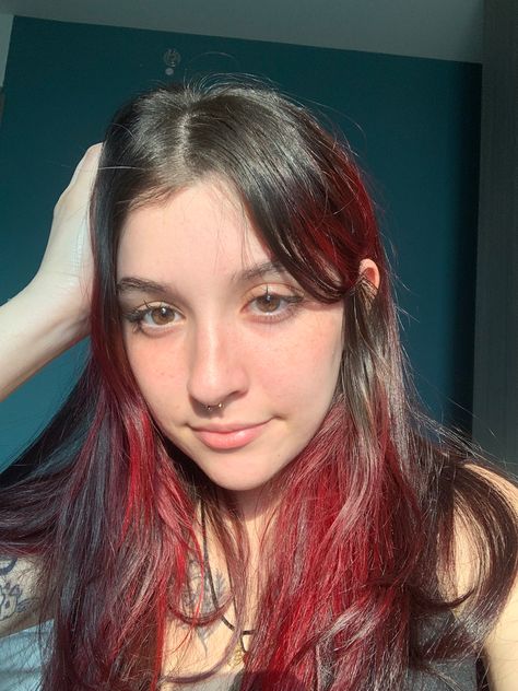 alt aesthetic red hair dyed streak hairstyle cute tiktok Bottom Layer Dyed Hair, Peak A Boo Red Hair, Dark Red Underdye Hair, Red Underlayer Hair, Dip Dye Hair Brunette, Egirl Hair, Red Hair Streaks, Red Dip Dye, Underdye Hair