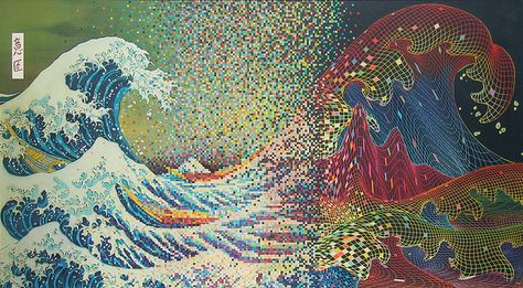 Image from "Wave of the Future" poster (see description), via Flickr. Cute Pixel Wallpaper, Wallpaper Hippie, Pixel Wallpaper, Trippy Backgrounds, Future Poster, Wave Illustration, Jig Saw, The Great Wave, Japanese Waves