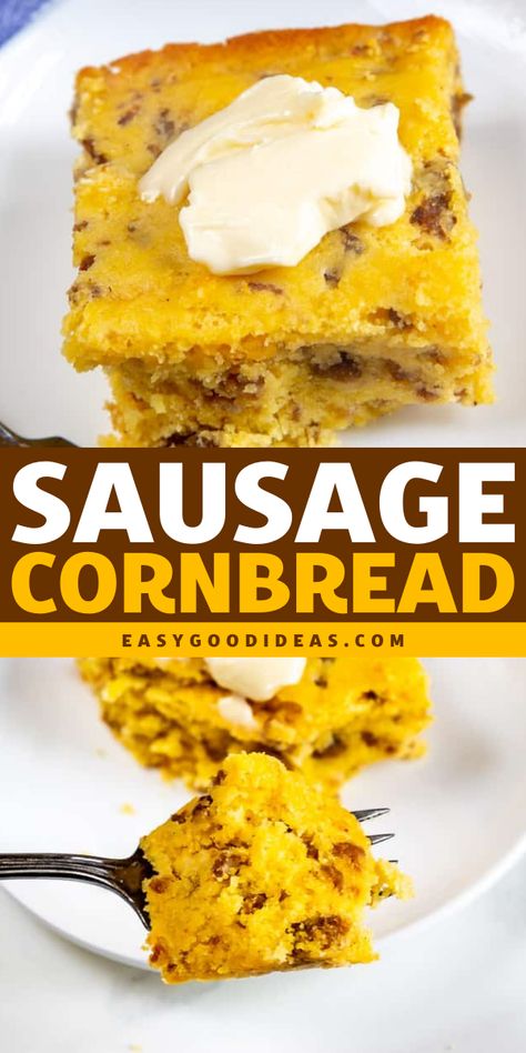 Make this Sausage Cornbread recipe for a standout side dish at your holiday table! With only 4 ingredients—cornbread mix, pork sausage, and cheese—it’s soft, tender, and packed with flavor. Perfect for Thanksgiving side dishes to impress and the best Thanksgiving sides! Cornbread Thanksgiving, Cornbread And Sausage, Best Thanksgiving Sides, Thanksgiving Food List, Cornbread Dinner, Sausage Cornbread, Beginners Recipes, Easy Thanksgiving Dinner, Easy Cornbread Recipe