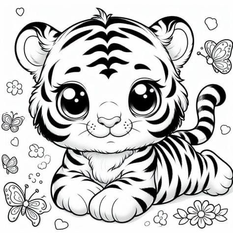 Cute Coloring Sheets, Tiger Coloring, Craft Work For Kids, Elephant Illustration, Kids Animals, Spring Coloring Pages, 2023 Color, Dark Art Tattoo, Baby Tiger