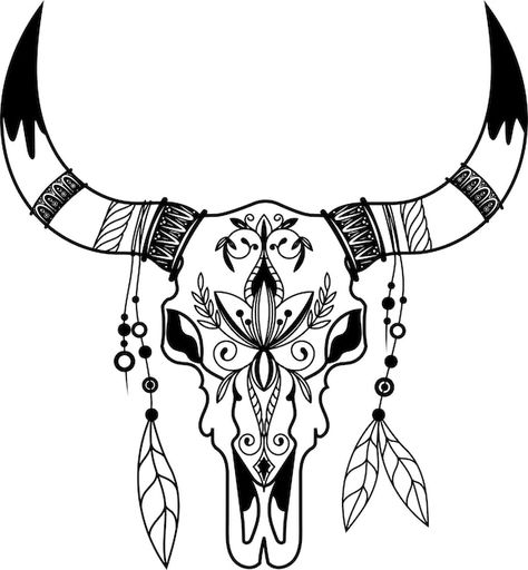 Cow skull boho style animal skull vector... | Premium Vector #Freepik #vector #bull-skull #cow-skull #tattoo-art #bullhorn Easy Animal Skull Drawing, Bull Skull Drawing, Cow Skull Drawing, Indian Headdress Tattoo, Cow Skull Tattoo, Animal Skull Drawing, Cow Skull Tattoos, Tattoo Indian, Western Cow Skull