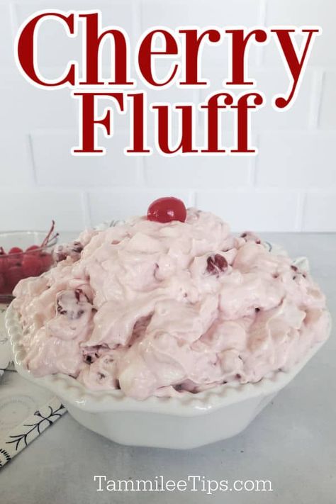 Easy Cherry Fluff Salad Recipe is a great vintage dessert recipe made with Cool whip, cherry pie filling, and crushed pineapple. This is a great no-bake dessert for Christmas, Thanksgiving, Valentine's day or any family dinner. The perfect easy dessert recipe. Frozen Cherry Salad Crushed Pineapple, Cherry Pie Filling Cool Whip Dessert, Cherry Cool Whip Salad, Cherry Flip Dessert, Cherry Pie Filling Recipes Easy No Bake, Uses For Cool Whip, Cherry Pineapple Fluff, Cherry Surprise Dessert, Desserts Using Cool Whip